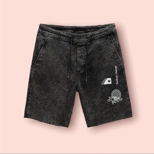 Acid Wash Shorts with Adjustable Drawstring Waistband With Iridescent Print.